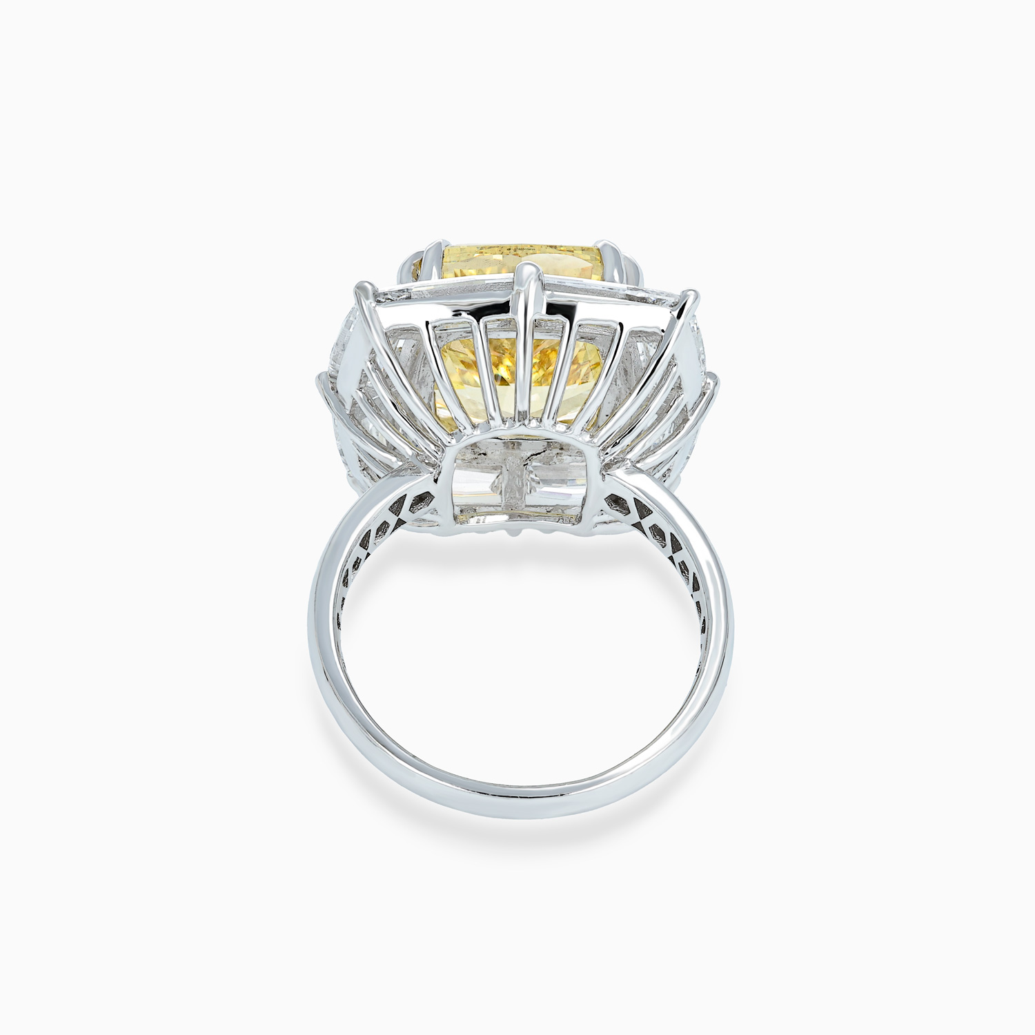 Art Deco Fancy Yellow Cushion Diamond Halo Ring, Lab-Grown, 14k White Gold