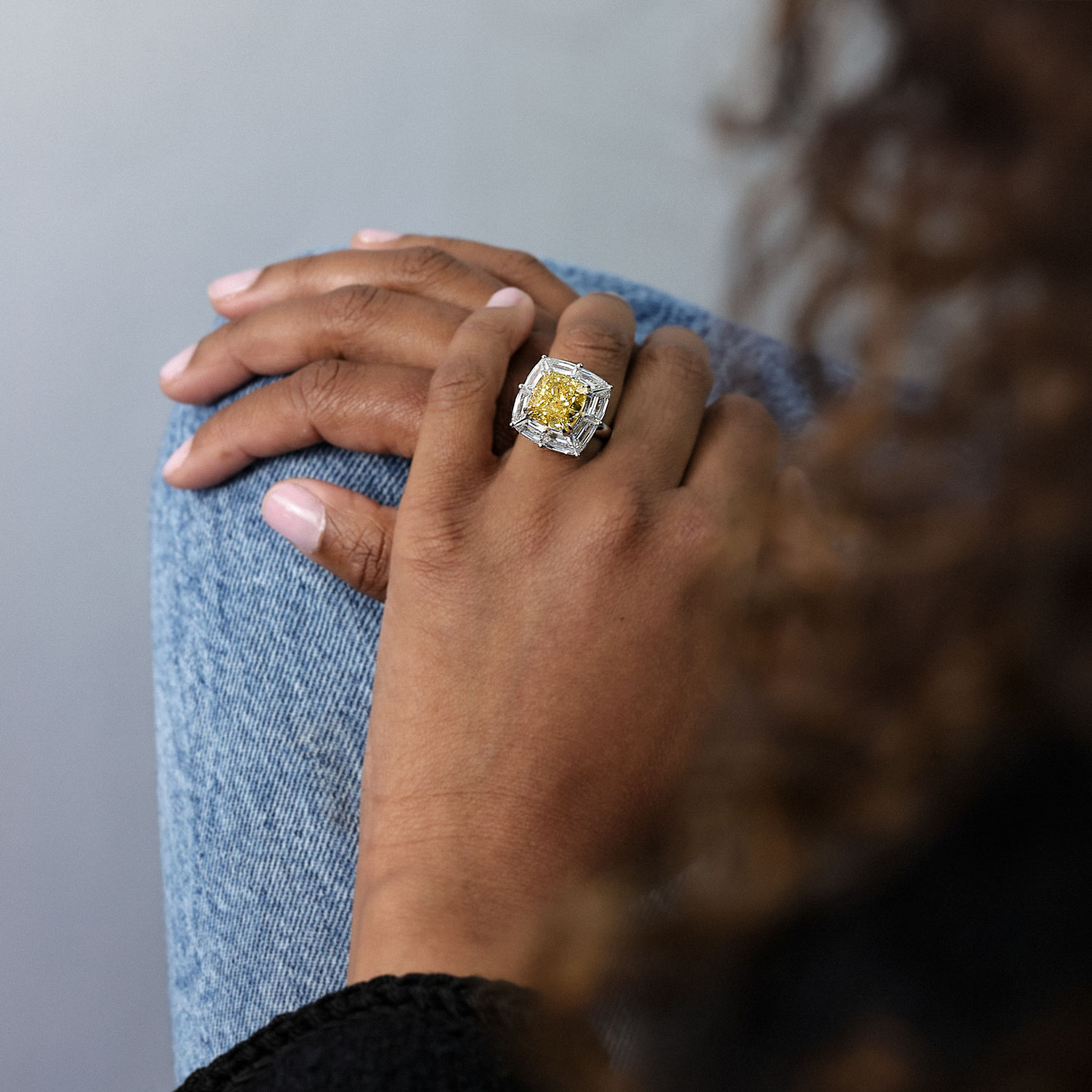 Art Deco Fancy Yellow Cushion Diamond Halo Ring, Lab-Grown, 14k White Gold