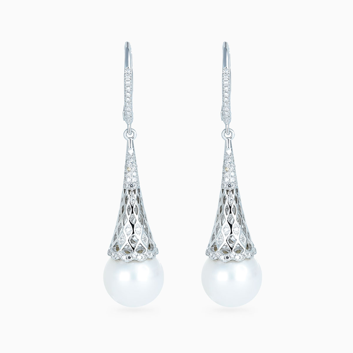 Natural Diamond and Cultured Pearl Filigree Dangle Earrings, 14k White Gold