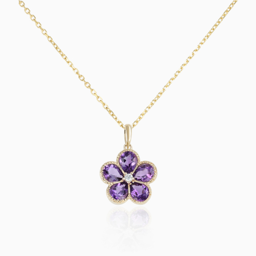 Natural Amethyst and Diamond Floral Necklace, 14k Yellow Gold