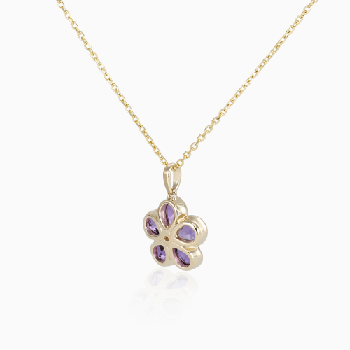 Natural Amethyst and Diamond Floral Necklace, 14k Yellow Gold