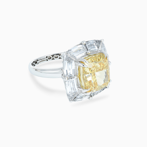 Art Deco Fancy Yellow Cushion Diamond Halo Ring, Lab-Grown, 14k White Gold