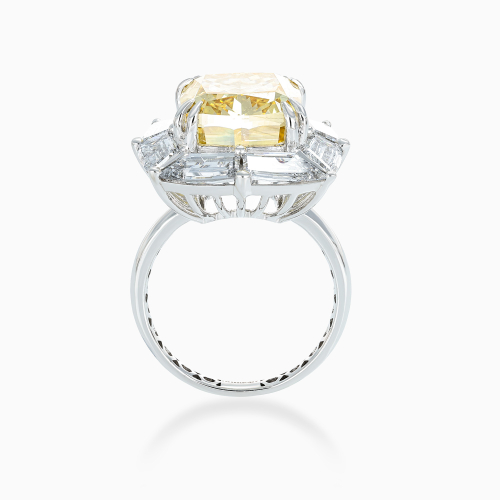 Art Deco Fancy Yellow Cushion Diamond Halo Ring, Lab-Grown, 14k White Gold