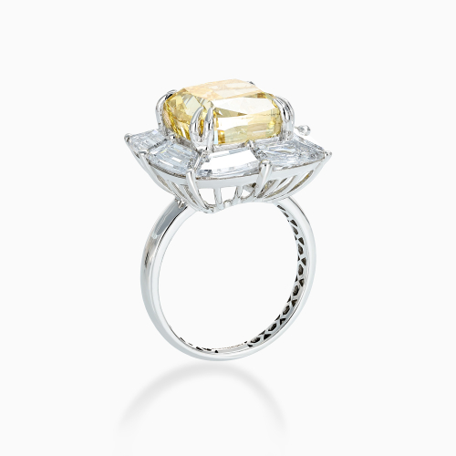 Art Deco Fancy Yellow Cushion Diamond Halo Ring, Lab-Grown, 14k White Gold