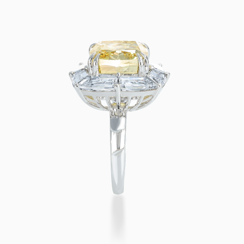 Art Deco Fancy Yellow Cushion Diamond Halo Ring, Lab-Grown, 14k White Gold