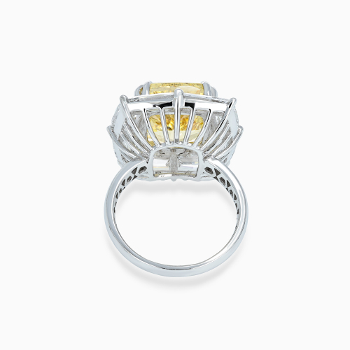Art Deco Fancy Yellow Cushion Diamond Halo Ring, Lab-Grown, 14k White Gold
