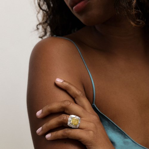 Art Deco Fancy Yellow Cushion Diamond Halo Ring, Lab-Grown, 14k White Gold