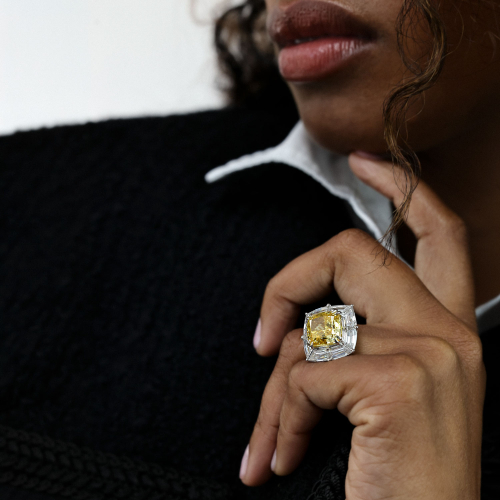 Art Deco Fancy Yellow Cushion Diamond Halo Ring, Lab-Grown, 14k White Gold