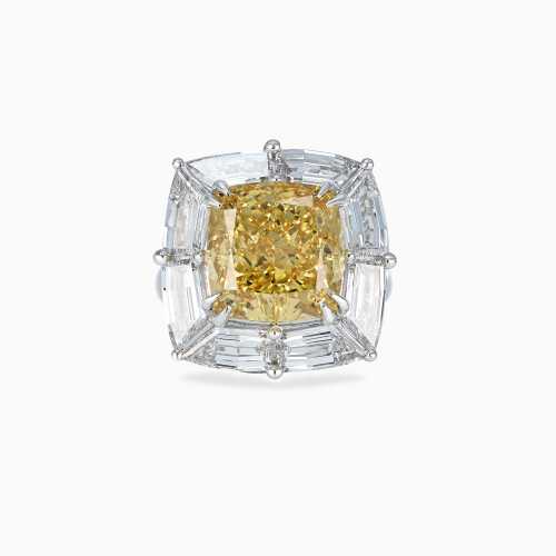 Art Deco Fancy Yellow Cushion Diamond Halo Ring, Lab-Grown, 14k White Gold