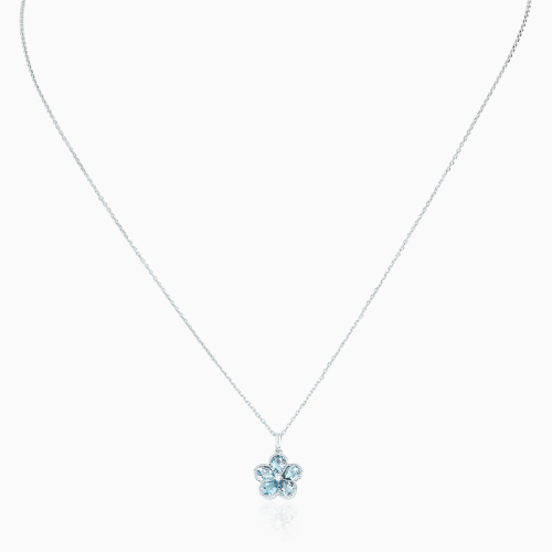 Natural Blue Topaz and Diamond Floral Pendant Necklace, 14k White Gold