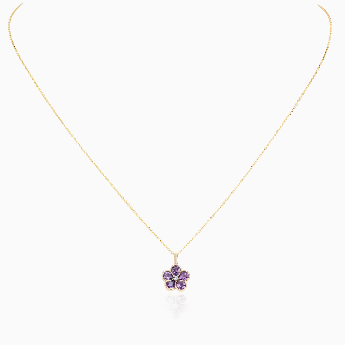 Natural Amethyst and Diamond Floral Necklace, 14k Yellow Gold