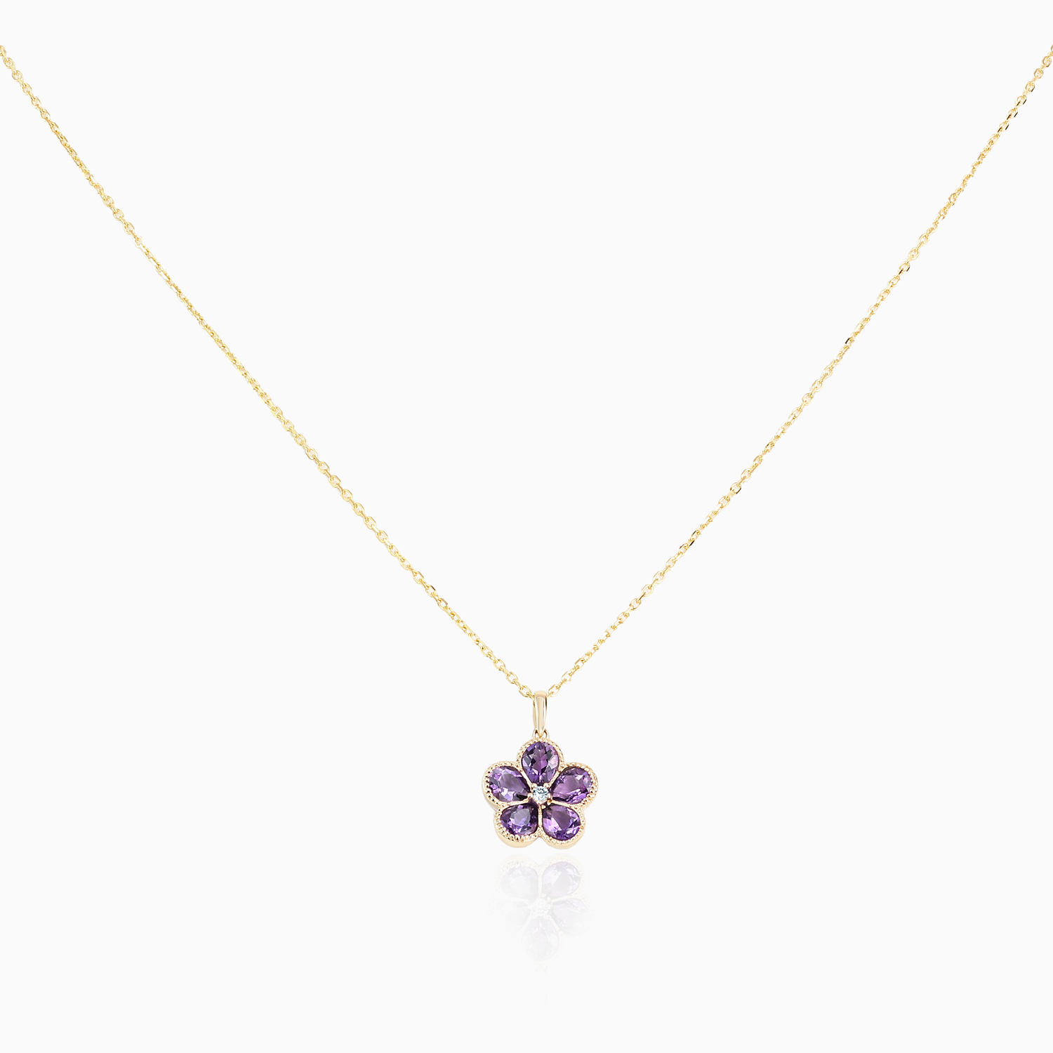 Natural Amethyst and Diamond Floral Necklace, 14k Yellow Gold