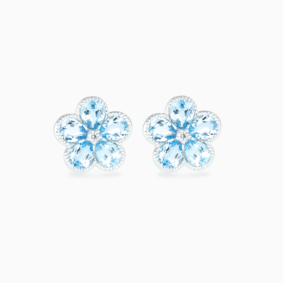Natural Diamond and Blue Topaz Floral Stud Earrings, 14k White Gold